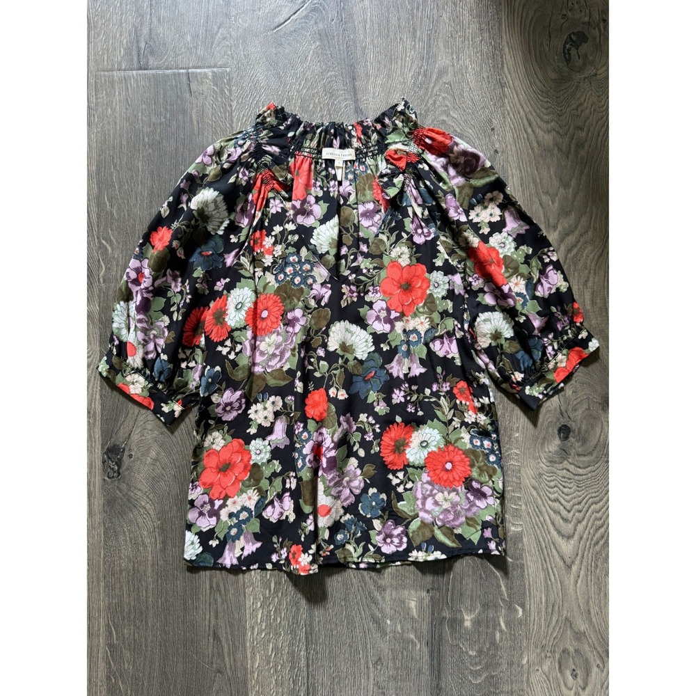 Rebecca Taylor Silk Floral Blouse Top 2 Black Red Multi Smocked V-Neck NWOT